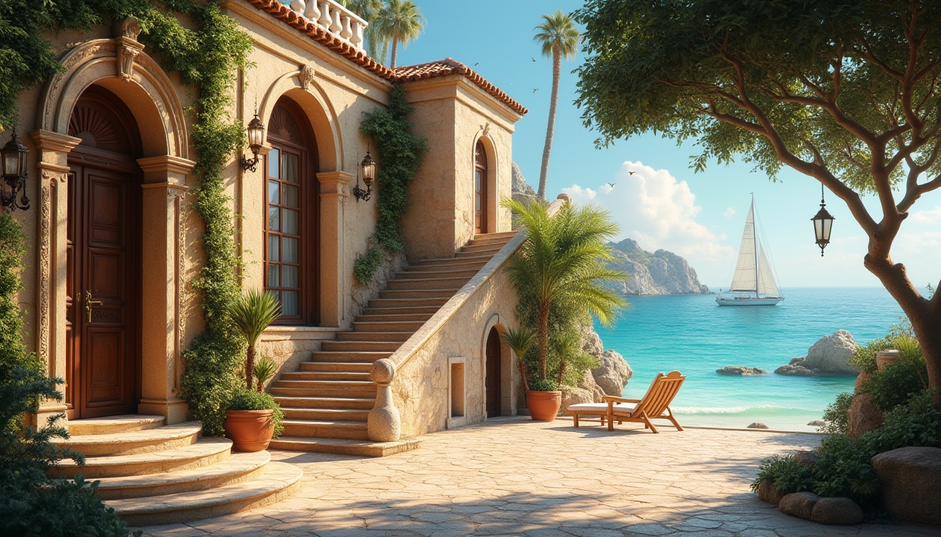 Prompt: Seaside villa, Romanesque architecture, Mediterranean coastline, inviting entrance, arched doorways, ornate stone carvings, terracotta roof tiles, climbing vines, lush greenery, winding staircases, grand fountain, tranquil courtyard, warm beige stucco walls, rustic wooden doors, bronze door handles, lanterns hanging from ceiling, soft ocean breeze, sound of seagulls, sun-kissed sandy beach, crystal clear turquoise water, sailboats drifting in the distance, 3/4 composition, warm golden lighting, cinematic ambiance.