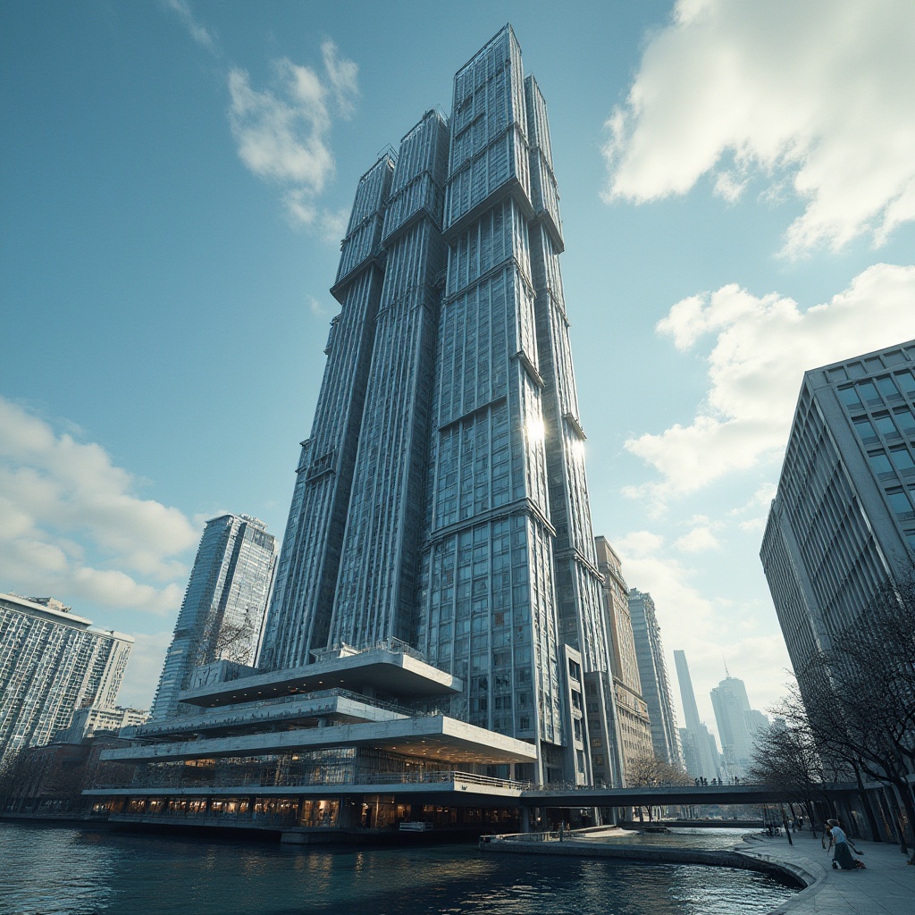 Prompt: Modern building, futuristic architecture, urban skyscraper, sleek lines, steel frame, fiber-cement materials, exposed pipes, industrial chic, metallic sheen, reflective surfaces, cityscape, sunny day, low-angle shot, dramatic lighting, cinematic composition.