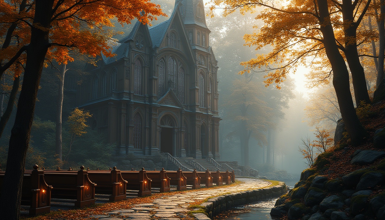 Prompt: Church, forest setting, majestic, gothic architecture, stained glass windows, grand entrance, intricate carvings, wooden pews, serene atmosphere, natural light filtering through trees, misty morning, autumn colors, fallen leaves, moss-covered stones, winding stone path, lanterns hanging from branches, gentle stream running nearby, birds singing in the distance, soft warm lighting, cinematic composition, peaceful ambiance.