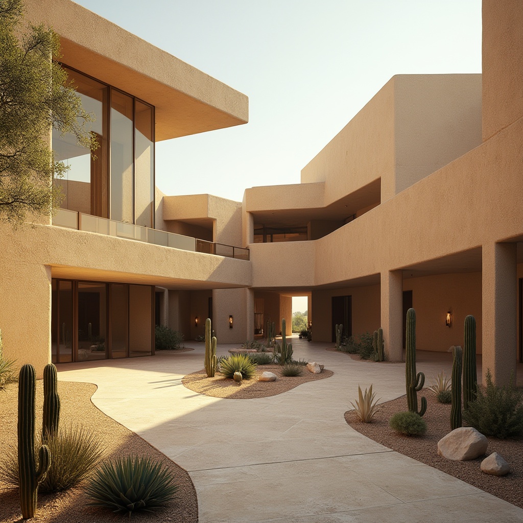 Prompt: Desert-inspired architecture, visual arts center, modern building, brutalist structure, angular lines, earthy tones, sandy beige walls, glass façade, cantilevered roof, open courtyard, cactus garden, succulent plants, metal sculptures, abstract installations, natural light pouring in, warm ambient lighting, dramatic shadows, 3/4 composition, low-angle shot, atmospheric perspective, HDRI, cinematic mood.