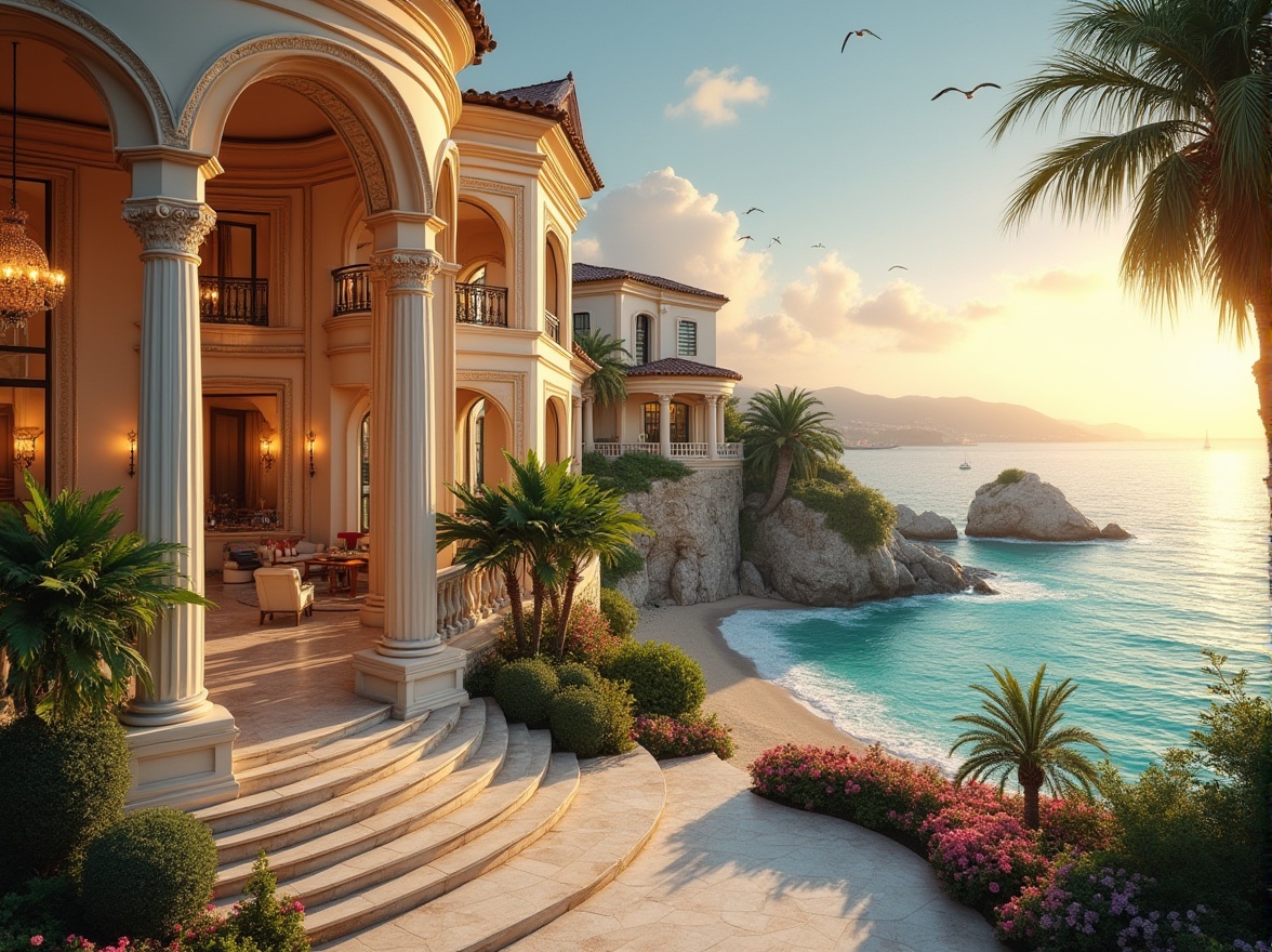 Prompt: Coastal Renaissance architecture, luxurious villa, Mediterranean style, seaside resort, majestic columns, ornate facade, grand entrance, curved staircases, lavish chandeliers, elegant furnishings, marble floors, floor-to-ceiling windows, panoramic ocean views, lush greenery, tropical plants, vibrant flowers, sandy beach, crystal clear turquoise water, sailboats in the distance, seagulls flying overhead, warm sunset light, soft golden hues, cinematic composition, HDR, realistic rendering.