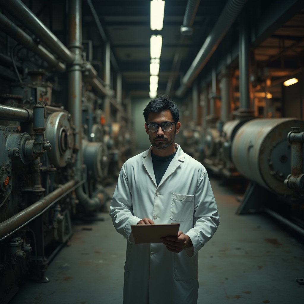 Prompt: Industrial factory interior, academic style, 30s male researcher, bespectacled, short black hair, white lab coat, holding clipboard, surrounded by machinery, pipes, metal beams, concrete floor, dim fluorescent lighting, warm tone, shallow depth of field, cinematic composition, low-angle shot, Dutch angle, gritty texture, metallic material, rusty details, abandoned atmosphere.