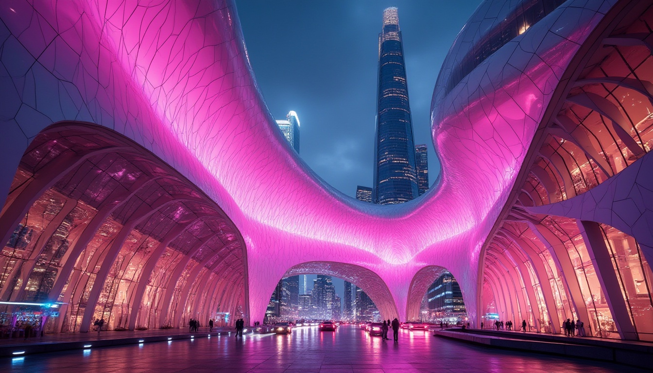 Prompt: Futuristic architectural concept, Fuchsia Polycarbonate Structures, modern, sleek, angular, transparent, gleaming, metallic, iridescent, gradient effect, case studies, urban, cityscape, skyscraper, metropolitan, bustling streets, neon lights, nighttime, dramatic lighting, low-angle shot, wide-angle lens, atmospheric perspective, depth of field, cinematic composition.