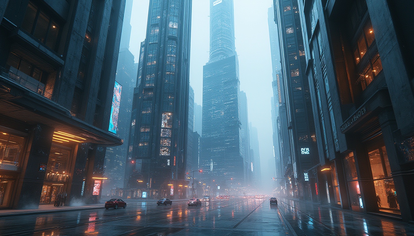 Prompt: Futuristic skyscraper, sleek metal structure, glass facade, neon lights, modern cityscape, busy streets, flying cars, holographic advertisements, towering heights, dramatic angles, low-angle shot, cinematic composition, misty atmosphere, cyberpunk ambiance, 3/4 view, futuristic interior, high-tech elevators, luxurious lobby, metallic pillars, marble floors, panoramic windows, breathtaking city views.