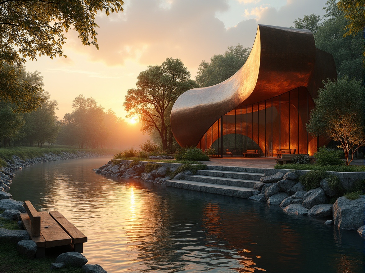 Prompt: Riverbank, copper material, modern architecture, sleek design, abstract sculpture, metallic texture, rusty tone, reflection on water, sunset lighting, gentle ripples, natural stones, lush greenery, wooden benches, serene atmosphere, 3/4 composition, shallow depth of field, warm ambient light, cinematic mood.