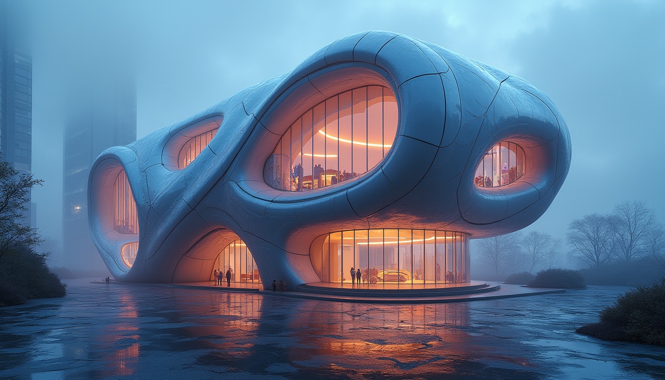 Prompt: Experimental architecture, futuristic building, polycarbonate exterior, translucent walls, iridescent reflections, curved lines, geometric shapes, neon lights, urban cityscape, night scene, foggy atmosphere, misty background, avant-garde design, abstract structure, innovative materials, sleek surfaces, angular forms, dramatic lighting, high-tech ambiance.