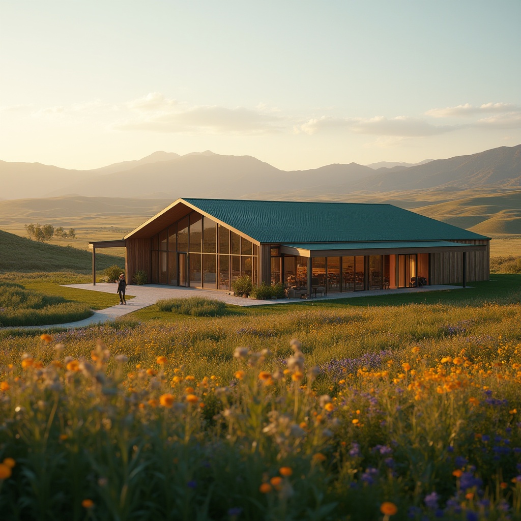 Prompt: Rural performing arts center, modern architecture, glass facade, wooden accents, green roof, surrounded by rolling hills, vast open fields, wildflowers blooming in vibrant colors, distant mountains creating a serene backdrop, warm sunset lighting, soft shadows, 3/4 composition, shallow depth of field, natural scenery, peaceful atmosphere, ambient light, cinematic composition, panoramic view.