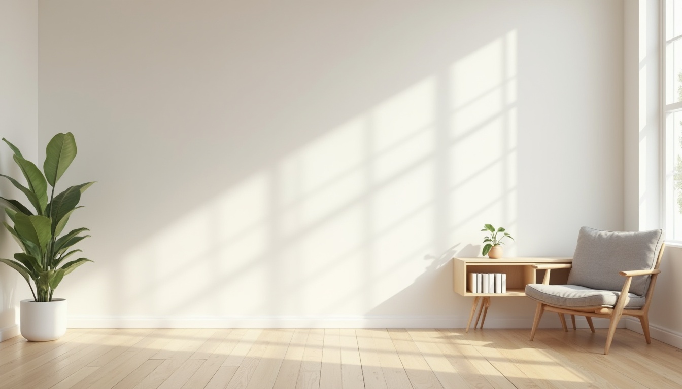 Prompt: Minimalist room, empty space, simple furniture, white walls, wooden floor, single chair, few books on shelf, small potted plant, natural light, soft shadows, calm atmosphere, serene composition, shallow depth of field, warm tone, soft focus, film grain texture.