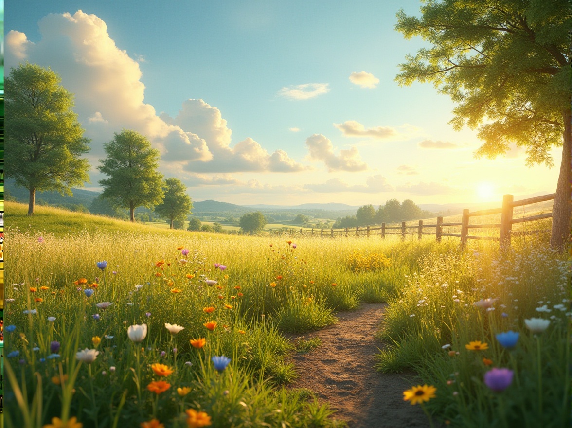 Prompt: vibrant meadow scenery, sun-drenched atmosphere, wildflowers of various colors, tall grasses swaying gently, a few trees with lush green leaves, wooden fence in the background, a narrow dirt path leading to a distant hill, soft fluffy clouds, warm and cozy ambient lighting, shallow depth of field, 3/4 composition, panoramic view, beautiful detailed textures.