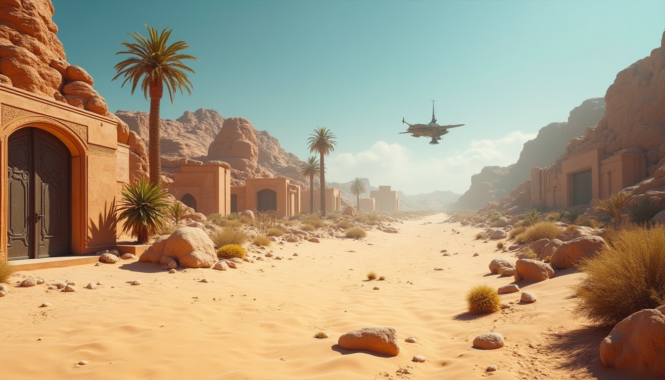 Prompt: Desert environment, futuristic architecture, sandy dunes, rocky formations, oasis, palm trees, cacti, abandoned ruins, ancient artifacts, intricate mosaics, weathered wooden doors, rusty metal gates, vast expanse of sand, endless blue sky, harsh sunlight, dramatic shadows, cinematic composition, low-angle shot, warm color palette, dusty atmosphere, futuristic transportation, hovering vehicles, advanced technology, sci-fi elements, metallic structures, sleek lines, minimalist design.