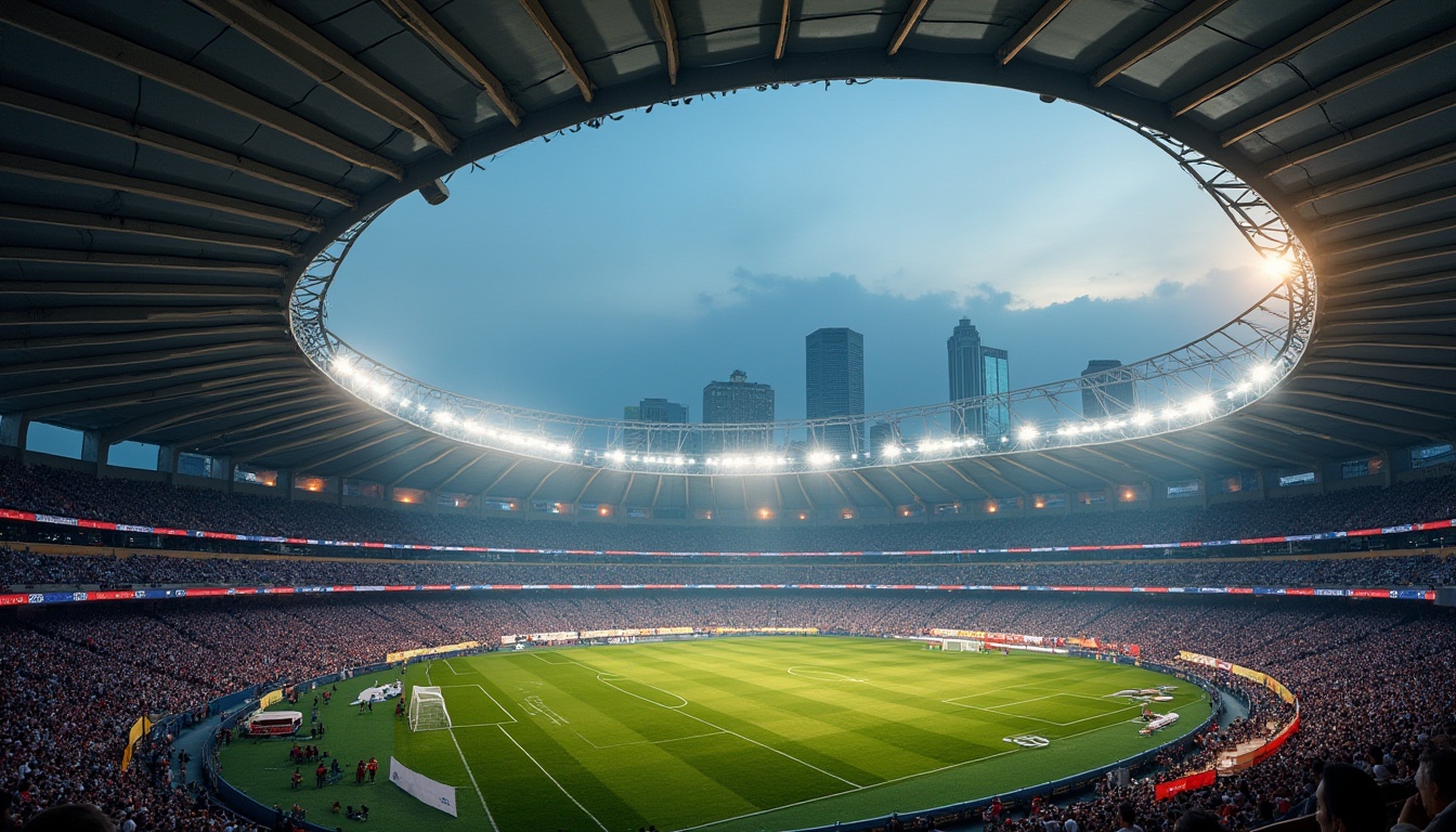 Prompt: Modern stadium, steel structure, sleek curves, shiny metallic surface, spotlights shining down, night game atmosphere, cheering crowd, sporty vibe, urban landscape, cityscape, towering skyscrapers nearby, distant foggy mountains, misty evening air, warm yellow lighting, low-angle shot, dramatic composition, 3/4 view, steel beams, reinforced pillars, concrete foundation, green grass field, vibrant colorful seats, dynamic architecture, futuristic feel.