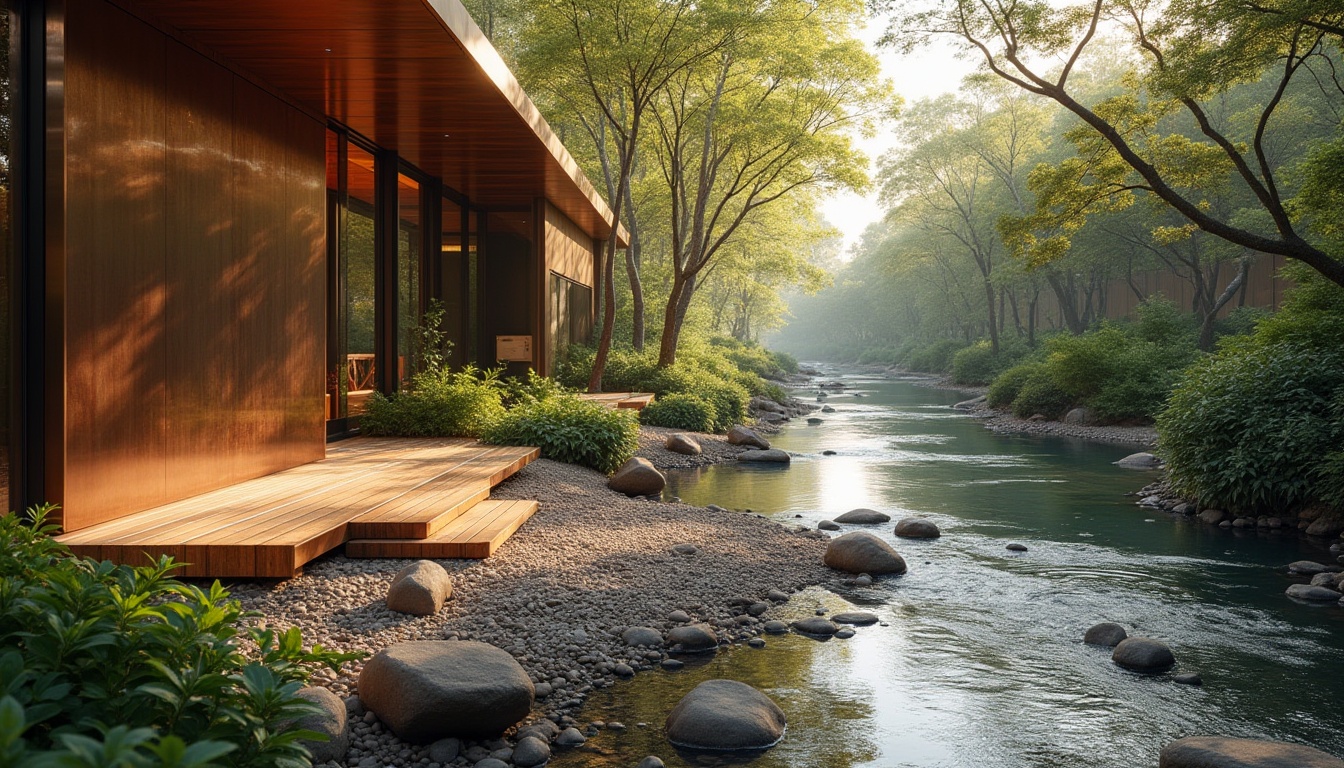 Prompt: Copper accents, riverbank scenery, modern architecture, sleek lines, metallic reflections, oxidized copper texture, natural blending, lush greenery, serene atmosphere, gentle river flow, pebbles and rocks, wooden planks, rustic benches, warm golden lighting, 3/4 composition, shallow depth of field.