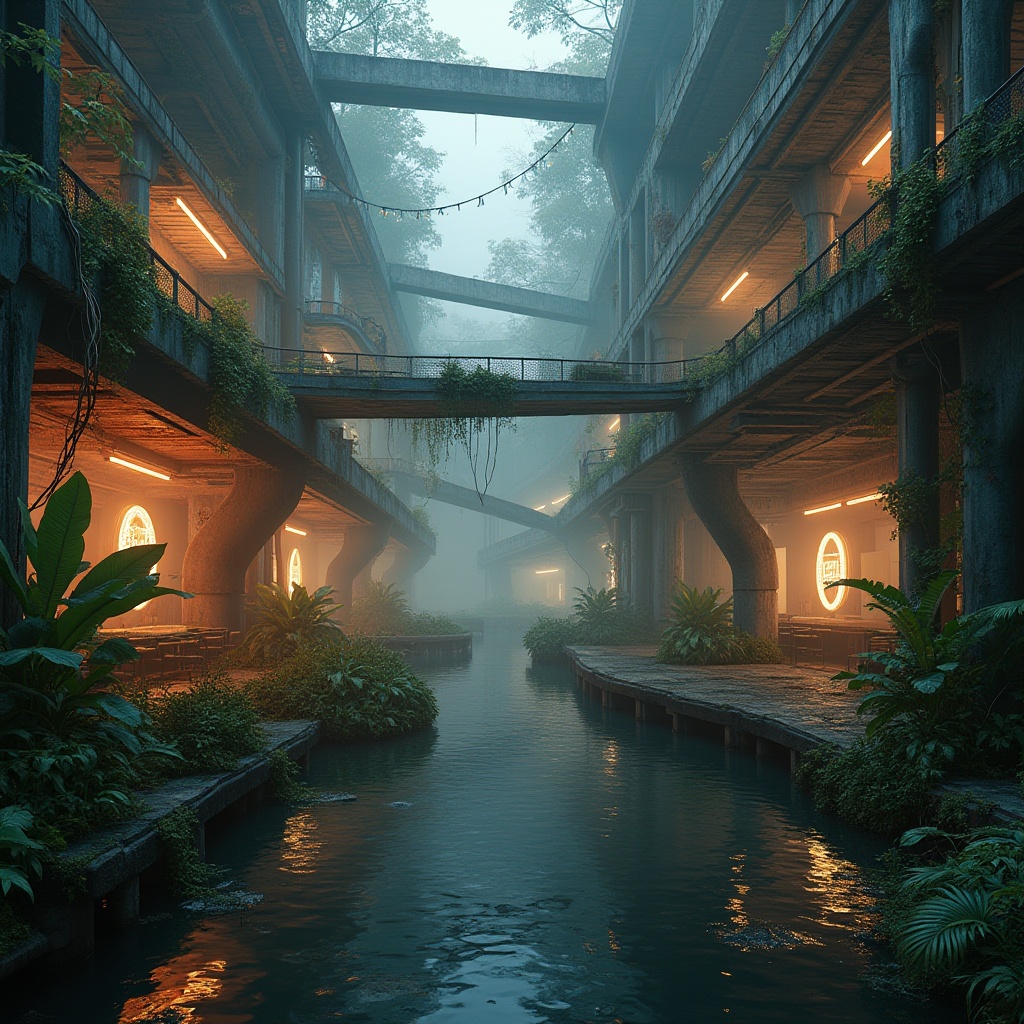 Prompt: Wetland ecosystem, abstract Bar Constructivism style, futuristic metallic structures, twisting vines, glowing neon lights, misty atmosphere, foggy morning, shallow water reflections, concrete pillars, steel beams, rusted pipes, reclaimed wood accents, lush greenery, exotic plants, winding boardwalks, angular composition, dramatic low-angle shot, warm color palette, cinematic lighting, atmospheric depth of field.