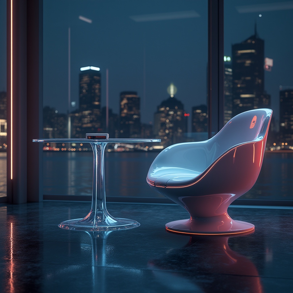 Prompt: Modern design, futuristic setting, plastic material, shiny reflective surface, metallic tone, curved lines, minimalist aesthetic, sleek chair, transparent table, neon lights, cityscape background, night scene, dark tones, ambient lighting, 3/4 composition, low-angle shot, close-up details, high-tech atmosphere.