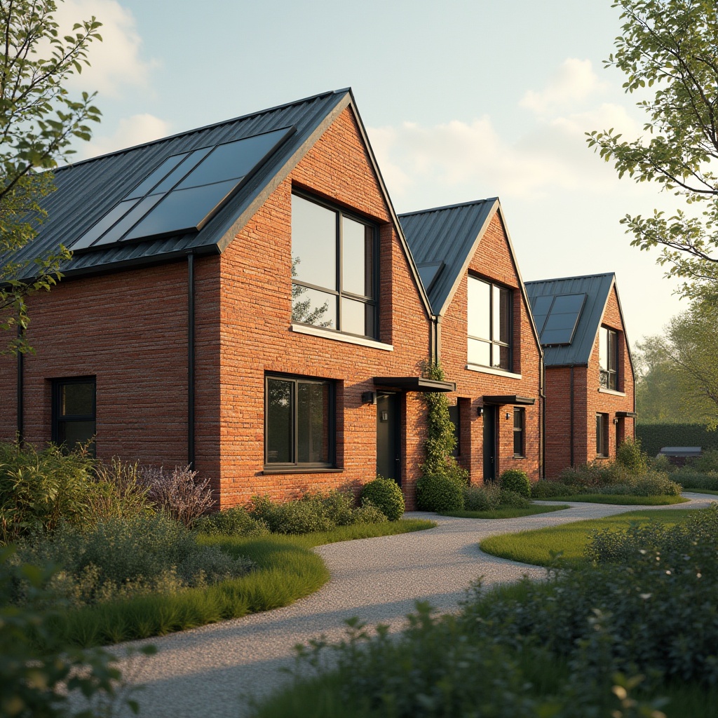 Prompt: Fire brick, social housing, eco-friendly architecture, sustainable living, red brick wall, green roof, solar panels, modern windows, minimal decoration, cozy atmosphere, afternoon sunlight, gentle shadows, 3/4 composition, soft focus, natural tone, calm mood.