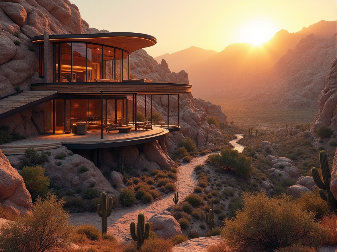 Prompt: Desert canyon, majestic pavilion, modern architecture, glass walls, steel beams, wooden accents, cantilevered roof, vast open spaces, grand staircase, luxurious interior, panoramic views, sunset lighting, warm glow, rocky cliffs, cacti, succulents, desert flora, winding trails, dramatic shadows, cinematic composition, 3/4 view, high-angle shot, natural textures, earthy tones.