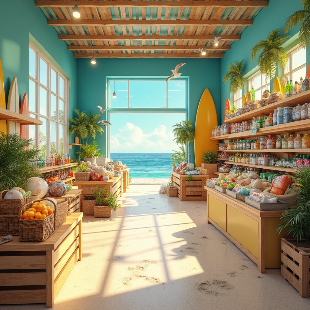 Prompt: Beach-themed grocery store, vibrant colorful walls, surfboard-shaped shelves, sandy floor, seashell decorations, tropical plants, palm trees, beach balls, inflatables, sunny windows, bright natural light, refreshing ambiance, calming sound of waves, seagulls flying overhead, wooden crates, wicker baskets, nautical ropes, anchors, lifebuoys, surf-inspired packaging, beachy signage, laid-back cashier uniforms, summer vibes, airy atmosphere, soft pastel colors.