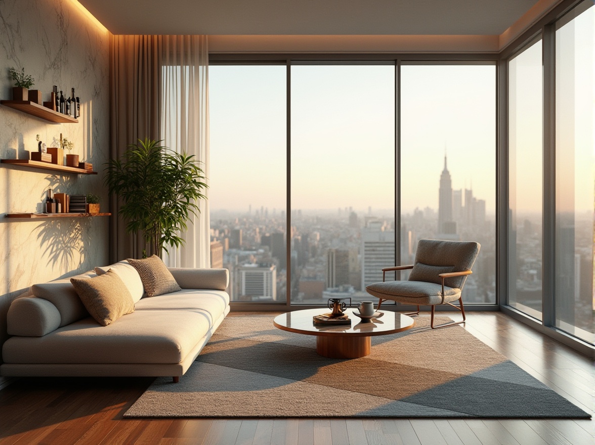 Prompt: Modern minimalist living room, sleek low-profile sofa, wooden coffee table, geometric-patterned rug, floor-to-ceiling windows, city skyline view, soft warm lighting, 3/4 composition, shallow depth of field, realist style, afternoon sunbeam, marble wall decor, greenery on shelves, metallic accents, ambient Occlusion.