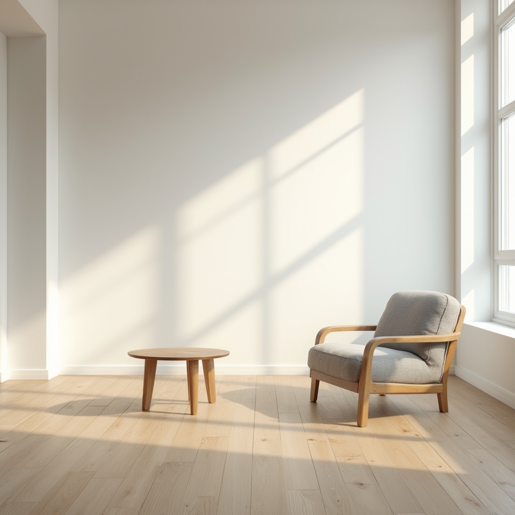 Prompt: Minimalist interior, empty space, white walls, polished wooden floor, few furniture, single coffee table, low-profile sofa, simple geometric shapes, natural light pouring in through large windows, subtle shadows, calm atmosphere, morning sunlight, gentle warmth, soft focus, shallow depth of field, cinematic composition, 3/4 view, Scandinavian design inspiration.