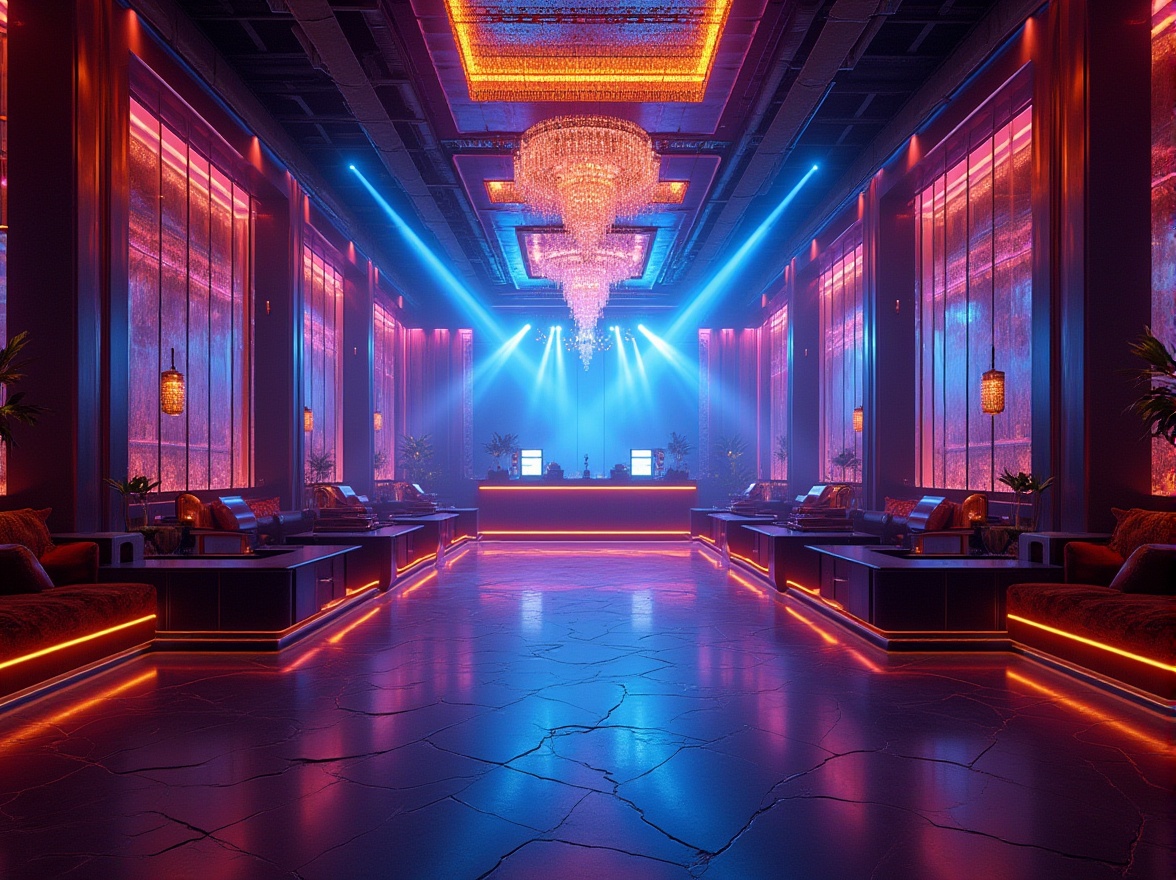 Prompt: Nightclub interior, luxurious decoration, glass material, transparent, reflective, glossy, LED lights, colorful illumination, dance floor, DJ booth, high ceiling, grand chandelier, metal frame, sleek lines, futuristic feel, shiny surface, ambient lighting, 3/4 composition, low-angle shot, dramatic atmosphere.