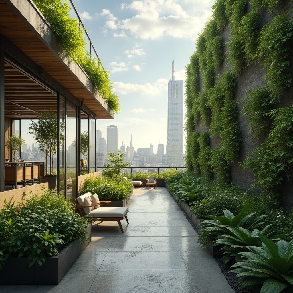 Prompt: Urban oasis, minimalist architecture, lush greenery, living walls, modern skyscraper, rooftop garden, cityscape backdrop, sunny day, soft natural light, vertical gardens, sleek lines, geometric shapes, industrial materials, steel beams, concrete floors, reclaimed wood accents, floor-to-ceiling windows, panoramic views, 3/4 composition, warm color palette, ambient shadows, cinematic lighting.