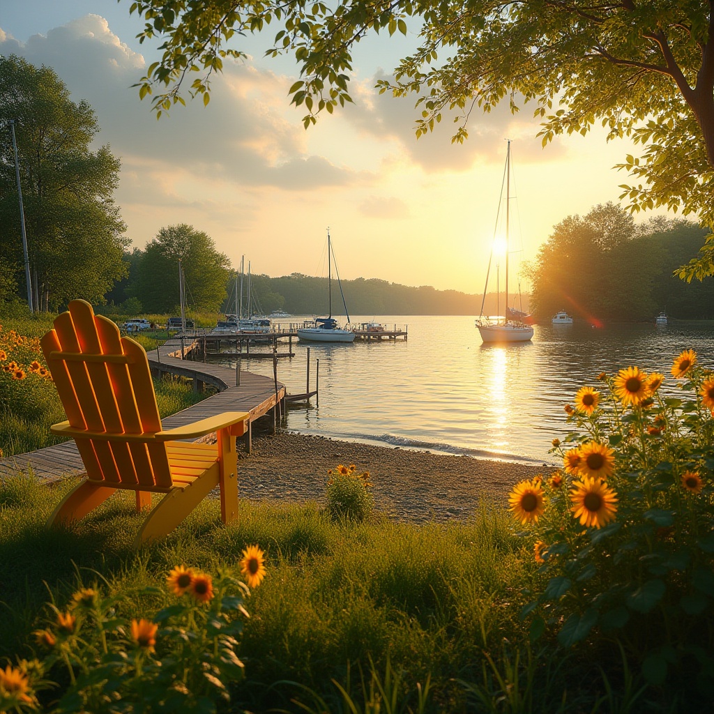 Prompt: Lakefront scenery, vibrant yellow sunflowers swaying gently, near a tranquil lake, warm sunset light casting long shadows, a few sailboats docked at the pier, a winding wooden boardwalk alongside the lake's edge, soft ripples on the water surface reflecting the yellow hues, lush green grass and trees surrounding the area, a yellow-painted Adirondack chair situated on the shore, overlooking the serene landscape, panoramic view, 3/4 composition, warm and inviting ambient lighting.