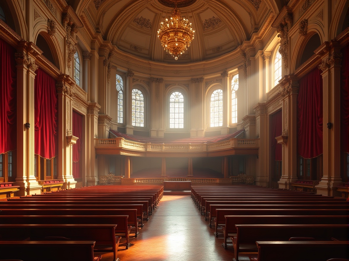 Prompt: Grand auditorium, classicism style, ornate architecture, majestic high ceiling, intricate moldings, golden chandeliers, red velvet curtains, wooden benches, polished marble floors, grand staircase, luxurious atmosphere, soft warm lighting, afternoon sunbeams streaming through stained glass windows, subtle shadows, dramatic arches, elegant columns, refined details, historic landmark, cultural heritage site.