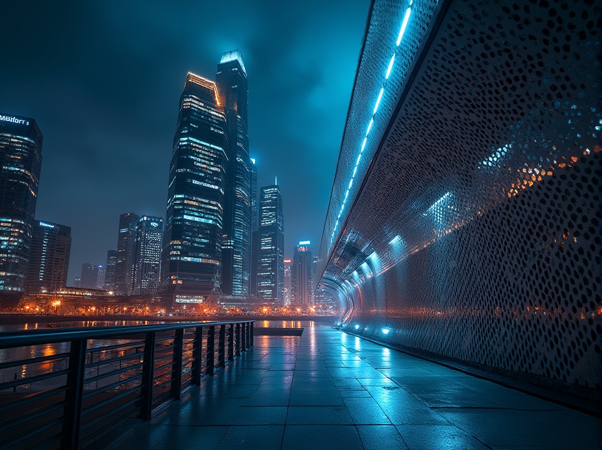 Prompt: Modern architectural design, perforated metal material, intricate patterns, industrial chic style, urban cityscape background, sleek skyscraper, nighttime scene, neon lights reflecting off metal surface, dramatic shadows, 3/4 composition, low-angle shot, atmospheric mist, cinematic lighting, high-contrast HDR.