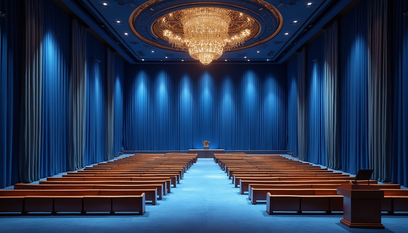 Prompt: Auditorium interior, grand architecture, blue accent walls, luxurious velvet seats, soft blue carpet, majestic high ceiling, intricate golden chandeliers, rows of wooden benches, elegant blue curtains, subtle LED lighting, dramatic spotlights, ornate blue pillars, sleek modern lectern, polished wooden floor, spacious atmosphere, panoramic view, wide-angle lens, cinematic composition, warm softbox lighting, HDR.