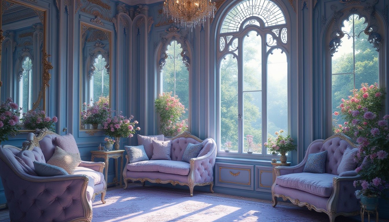 Prompt: Lavender blue color palette, art nouveau style, intricate patterns, ornate details, soft focus, warm lighting, pastel hues, dreamy atmosphere, luxurious fabrics, velvety texture, flowing drapery, antique furniture, vintage accessories, elegant ladies, sophisticated gentlemen, ornate mirrors, stained glass windows, botanical garden, lush greenery, delicate flowers.