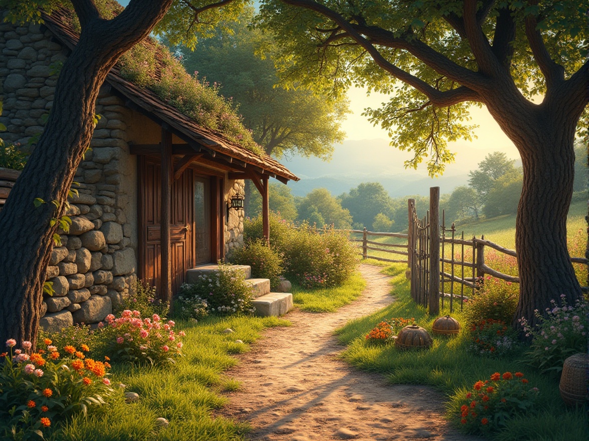 Prompt: Rural landscape, traditional farmhouse, wooden door, stone walls, lush greenery, blooming wildflowers, winding dirt path, old tree with twisted branches, rustic metal gate, serene atmosphere, warm sunlight filtering through trees, natural materials, earthy tones, cozy interior, vintage furniture, woven baskets, floral patterns, countryside tranquility, peaceful ambiance, golden hour lighting.