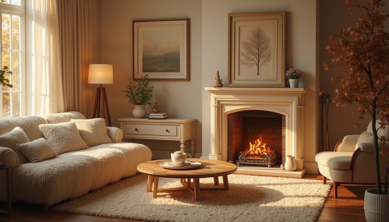 Prompt: Cozy atmosphere, beige color, warm tone, soft lighting, comfortable living room, plush couch, fluffy pillows, wooden coffee table, vintage lamp, creamy rug, real fireplace, crackling fire, gentle smoke, autumn leaves, rustic decoration, nature-inspired accents, earthy scent, relaxing ambiance, inviting composition, 3/4 view, morning sunlight.