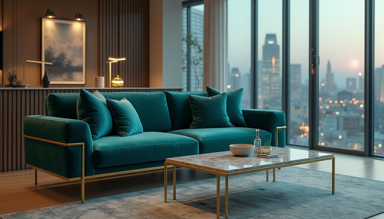 Prompt: Teal accents, modern interior design, luxurious living room, velvet teal sofa, golden metal legs, marble coffee table, ambient warm lighting, floor-to-ceiling windows, cityscape view, 3/4 composition, shallow depth of field, soft focus, cinematic mood, elegant atmosphere.