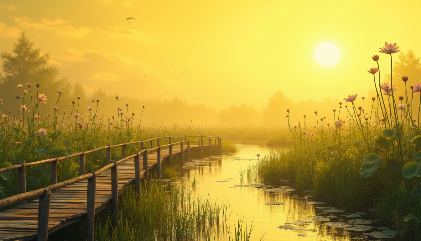 Prompt: Vibrant yellow tone, wetland scenery, serene atmosphere, sunny day, marshy grasslands, winding waterways, lotus flowers blooming, tall reeds swaying gently, wooden boardwalk, rustic railings, warm soft lighting, shallow reflections, rippled water surface, few birds flying overhead, tranquil composition, 3/4 angle, natural textures, earthy tones.