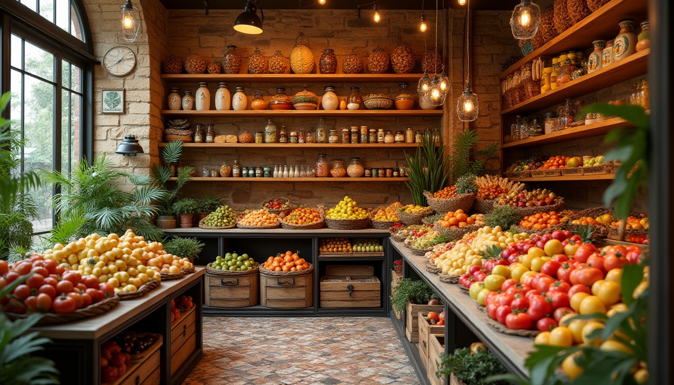 Prompt: Vibrant eclectic grocery store interior, warm golden color scheme, wooden shelves with ornate carvings, vintage metal lanterns, richly textured stone walls, woven baskets, colorful ceramic tiles, lush greenery, potted plants, rustic wooden crates, artisanal food displays, overflowing fruit stands, warm softbox lighting, shallow depth of field, inviting atmosphere, cozy composition.