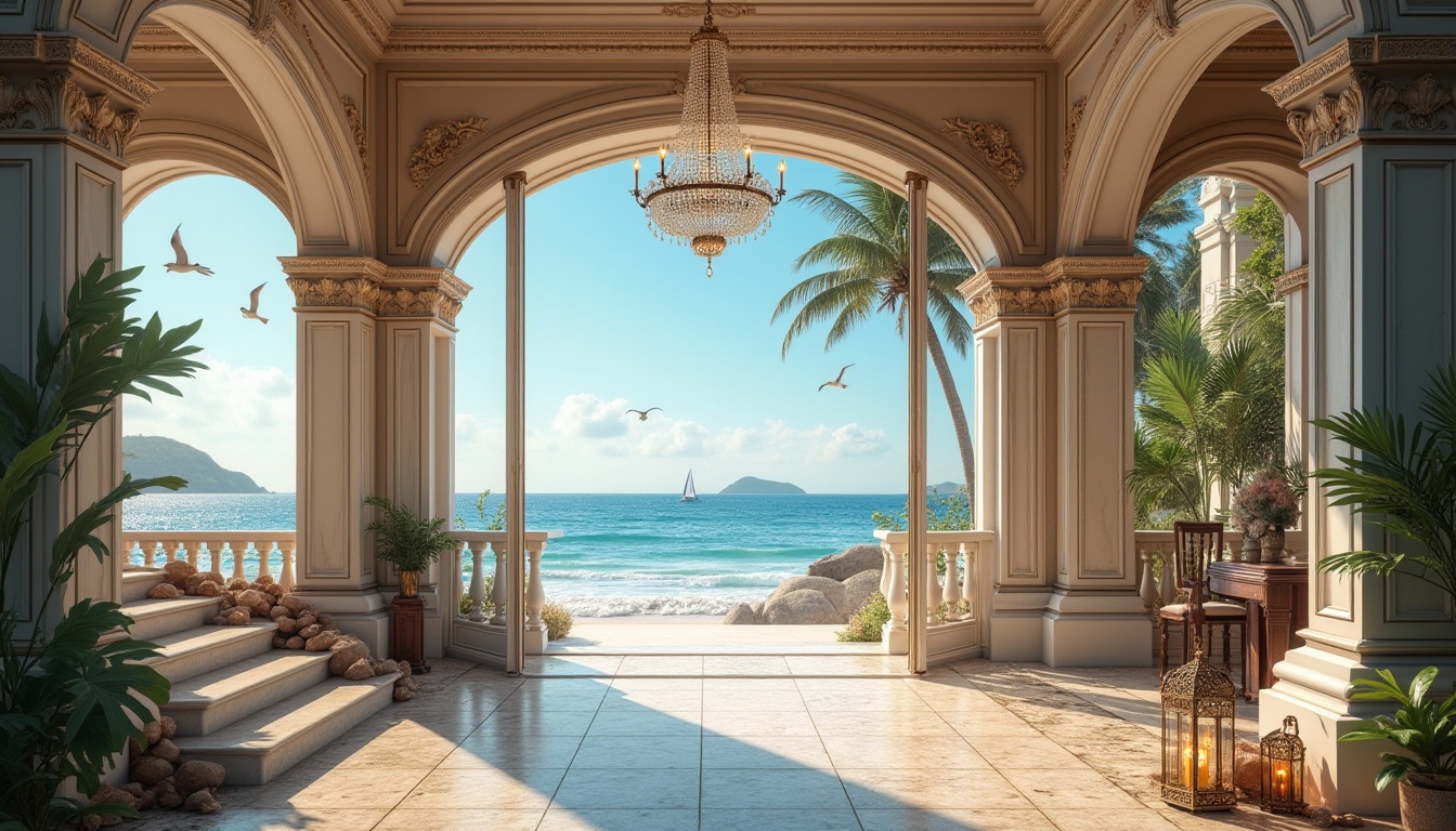 Prompt: Seaside villa, coastal renaissance design, majestic architecture, ornate decorations, grand entrance, curved stairs, luxurious furnishings, crystal chandelier, marble floor, wooden paneling, large windows, ocean view, beachside, sunny day, clear blue sky, seagulls flying overhead, gentle sea breeze, waves crashing against the shore, sailboats in the distance, sandy beach, pebbles and shells scattered on the ground, driftwood, vintage lanterns, nostalgic ambiance, warm soft lighting, 3/4 composition, shallow depth of field.