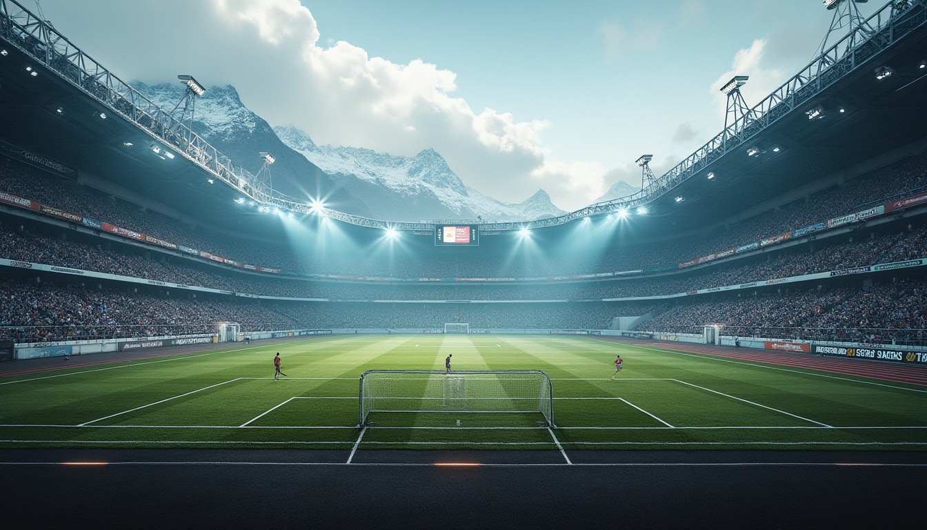 Prompt: Stadium, plateau, high-altitude, rugged terrain, snow-capped mountains, misty atmosphere, grandstand, tiered seating, steel framework, glass façade, cantilevered roofs, floodlights, scoreboard, athletic track, football field, goalposts, soccer players in action, dynamic movements, dramatic lighting, low-angle shot, heroic composition, cinematic mood, warm color tone, high-contrast image.