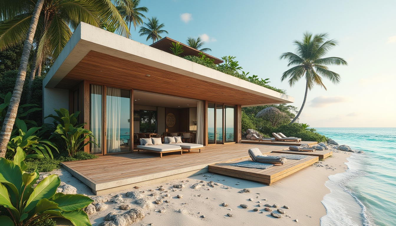 Prompt: Eco-friendly beachside villa, modern minimalist architecture, large windows, sliding glass doors, natural ventilation, solar panels, recycled materials, driftwood accents, living roof with succulents, private beach access, morning sunlight, gentle ocean breeze, sandy shoreline, crystal-clear turquoise water, scattered seashells, beach towels and sun loungers, calm atmosphere, serene composition, warm softbox lighting.