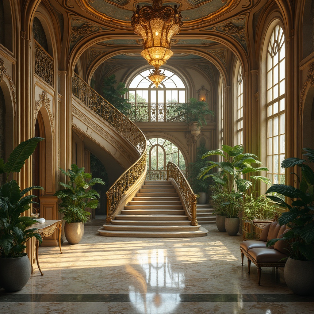 Prompt: Art Nouveau healthcare center, luxurious interior, bronze materials, ornate details, intricate patterns, curved lines, elegant furnishings, marble floors, grand staircase, high ceilings, large windows, natural light, lush greenery, exotic plants, warm ambiance, soft lighting, 3/4 composition, depth of field, cinematic mood, HDR, realistic textures.