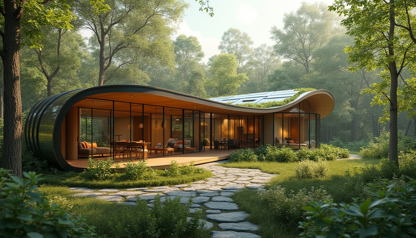 Prompt: Eco-friendly pavilion, modern architecture, sustainable materials, recycled wood, solar panels, green roof, living walls, natural ventilation, energy-efficient lighting, minimal waste, circular economy, futuristic design, metallic structure, curved lines, transparent glass, seamless connections, calm ambiance, serene atmosphere, surrounded by lush greenery, forest setting, warm afternoon sunlight, soft shadows, 3/4 composition, cinematic mood.