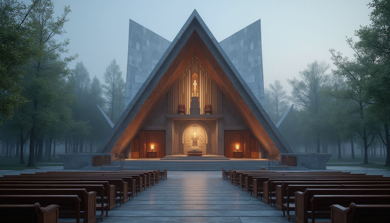 Prompt: Modern church, galvanized steel structure, silver-gray color, angular lines, geometric shapes, stained glass windows, intricate stone carvings, grand entrance with large wooden doors, vaulted ceiling, dimly lit interior, rows of pews, ornate altar, cross on the wall, subtle lighting, peaceful atmosphere, morning mist, surrounding trees, lush greenery, natural surroundings, panoramic view, wide-angle lens.