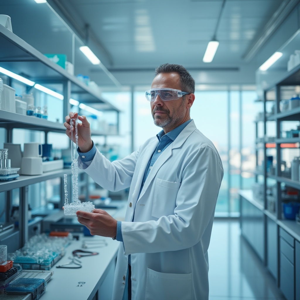 Prompt: "High-tech laboratory, scientist, middle-aged man, wearing white lab coat, safety goggles, holding polycarbonate sample, transparent background, futuristic ambiance, softbox lighting, 3/4 composition, shallow depth of field, minimalist setting, metallic shelves, various scientific equipment, advanced machinery, LED screens, sleek lines, modern architecture, cityscape view from the window, sunny day, clear blue sky."