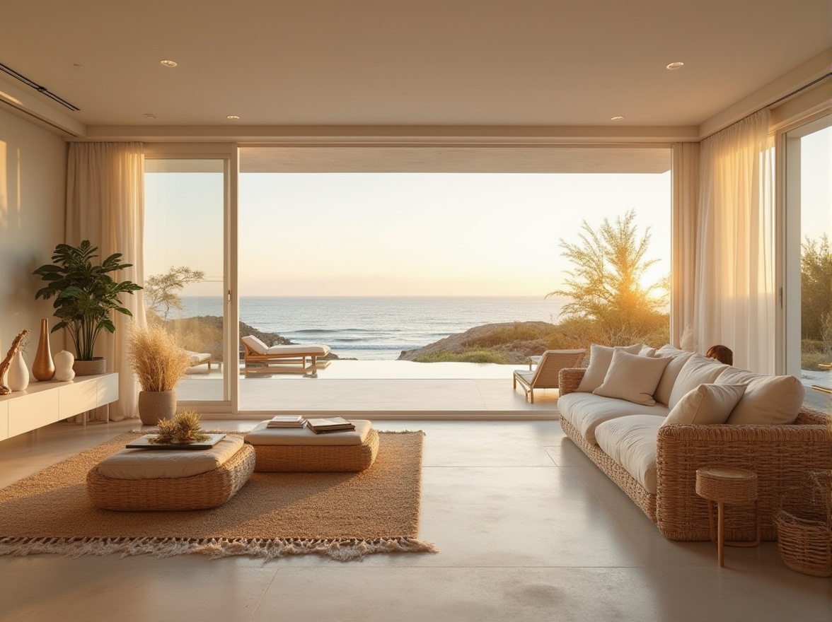 Prompt: Beach modernism, luxurious villa, minimalistic architecture, large windows, sliding glass doors, open-plan living room, cream-colored walls, polished concrete floors, minimalist decor, natural textiles, woven rattan furniture, pampas grass, succulents, driftwood sculptures, ocean views, sunrise, sunset, warm soft lighting, cinematic composition, 3/4 angle shot, shallow depth of field.