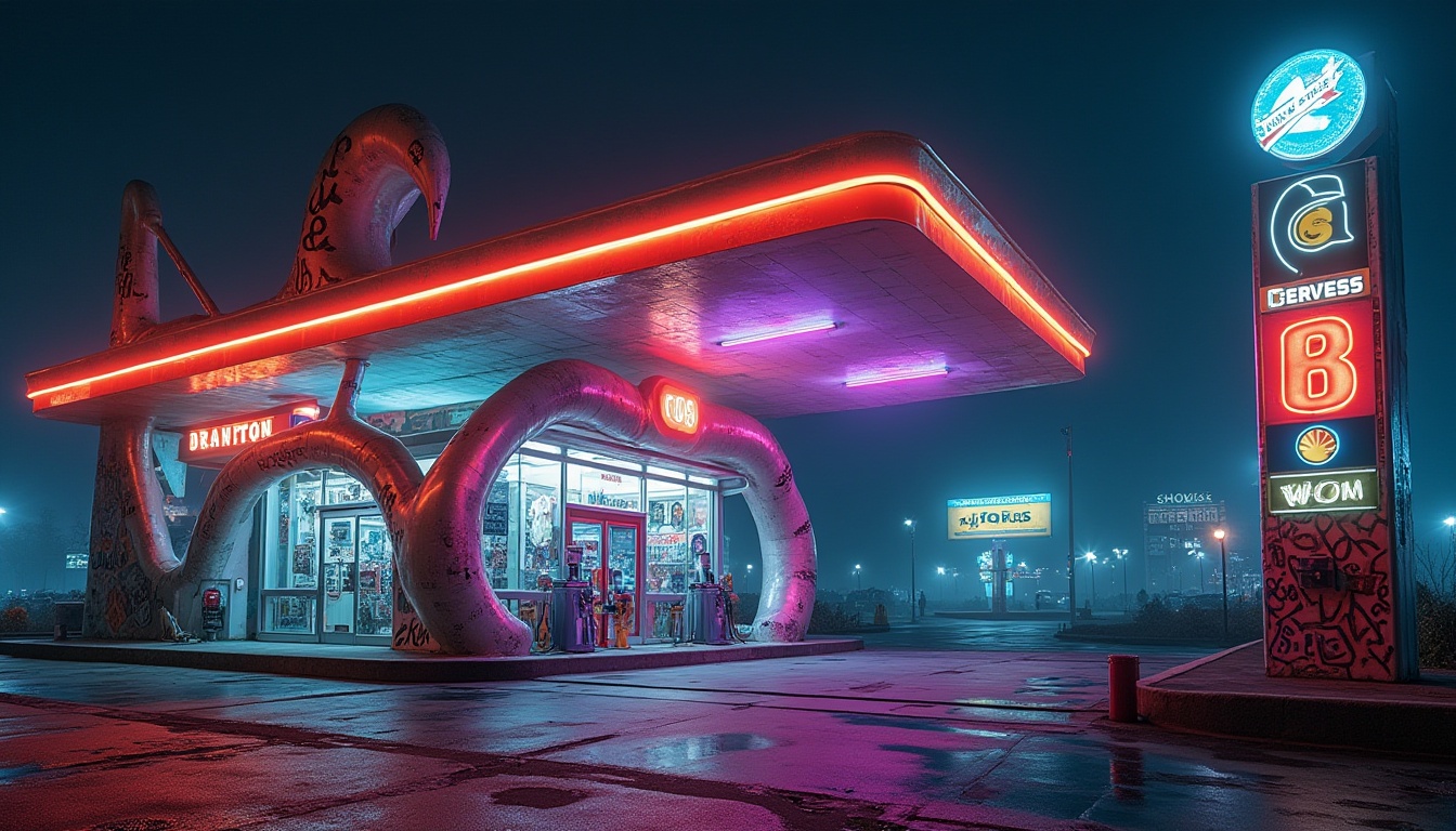 Prompt: Postmodern gas station, bold colorful neon lights, futuristic curvy lines, irregular shapes, reflective mirror-like exterior, abstract sculptures, avant-garde signs, eclectic mix of materials, glass, steel, concrete, vibrant graffiti, urban landscape, cityscape, night scene, dramatic lighting, low-angle shot, wide-angle lens, atmospheric fog, misty mood, deconstructivist style, fragmented forms, playful irreverence, ironic nostalgia.