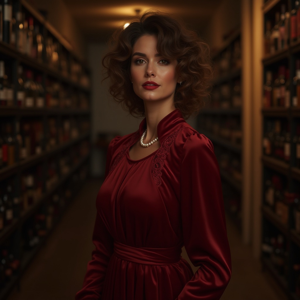 Prompt: Burgundy, luxurious, velvet, rich, elegant, sophisticated, feminine, mature lady, 30yo, curly hair, bold eyeliner, red lips, pearl necklace, long sleeve burgundy dress, flowy, floor-length, satin, lace details, subtle sheen, wine cellar, dim lighting, intimate atmosphere, warm colors, soft focus, shallow depth of field, cinematic composition.