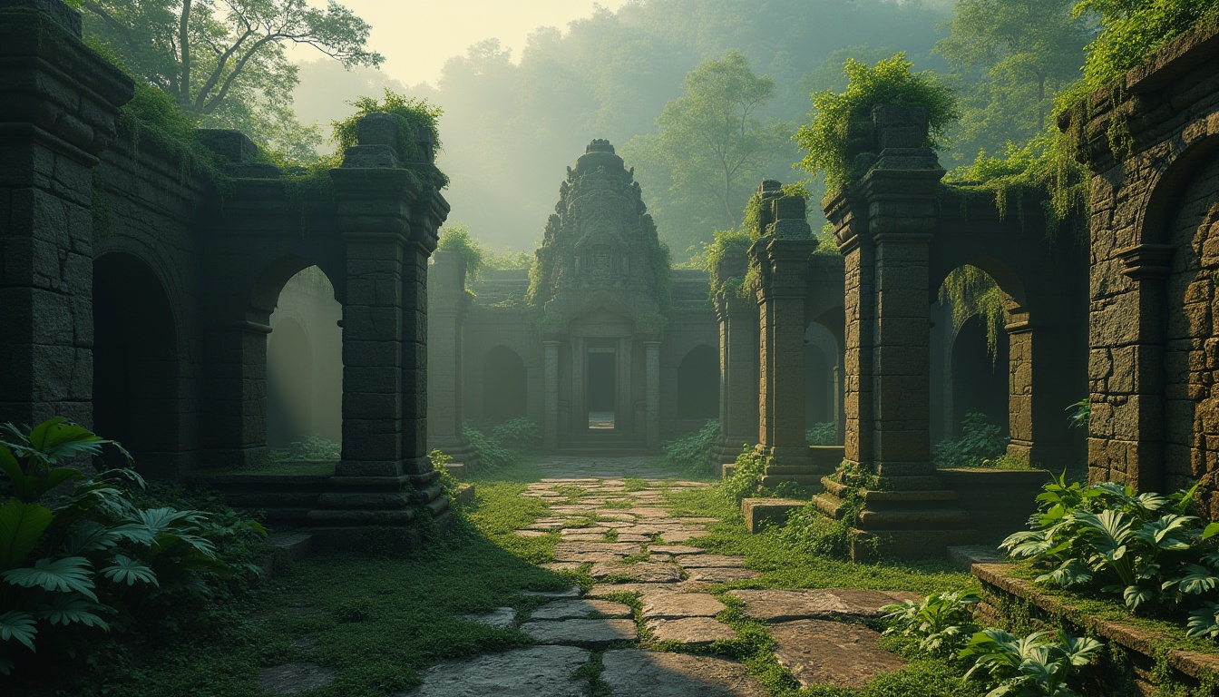 Prompt: Ancient stone temple, ruined structure, moss-covered stones, intricately carved stone walls, stone pillars, grand entrance, mystical atmosphere, misty fog surrounding, lush green forest, vines entwined around stones, warm golden lighting, dramatic high-angle shot, cinematic composition, fantasy world, medieval era, mysterious ambiance, atmospheric perspective.