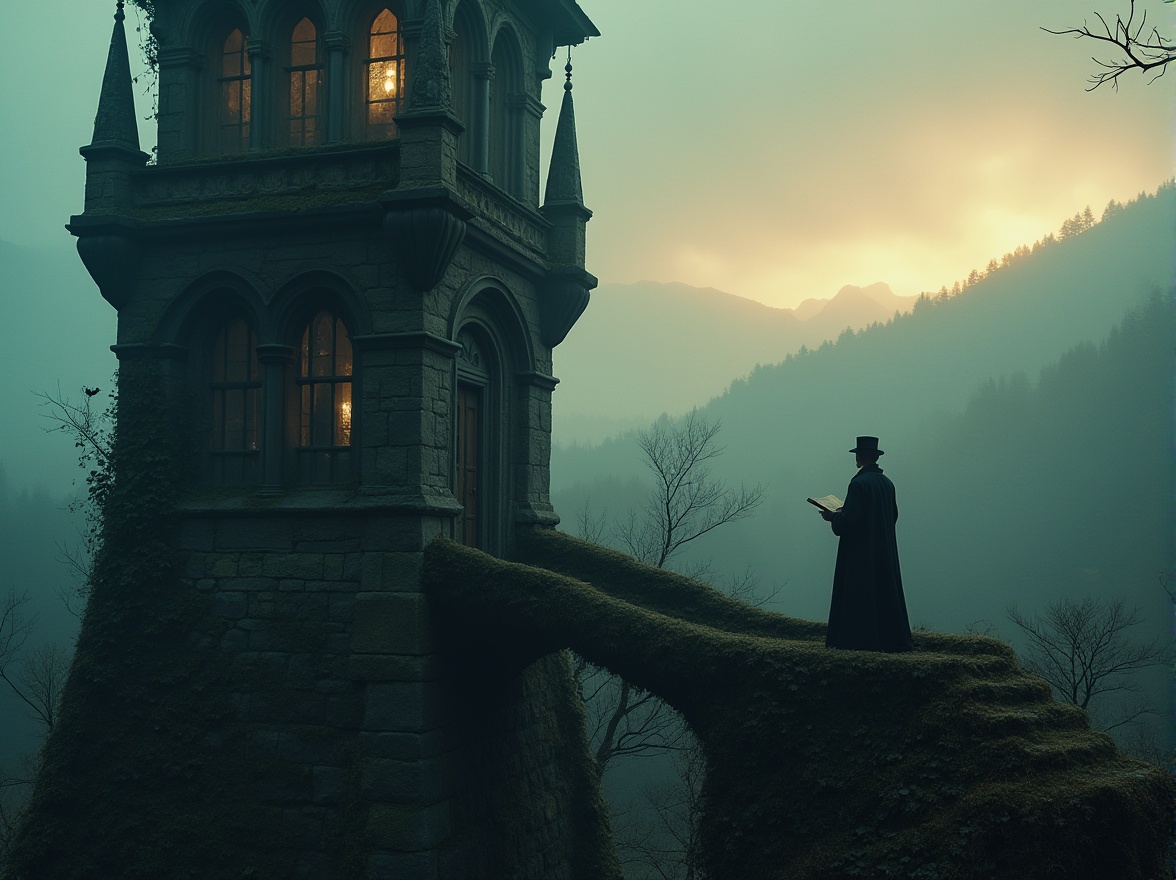 Prompt: Mysterious, old, Gothic-style watching tower, solo, dusk, misty, foggy, ivy-covered stone walls, intricate carvings, narrow windows, pointed arches, grandeur, mystical, abandoned, overgrown with vines, moss, eerie atmosphere, warm golden lighting, dramatic shadows, mysterious figure in the distance, subtle facial features, classical attire, long coat, top hat, holding an old book or telescope, standing at the edge of the tower, overlooking a misty forest, mountains in the far distance, cinematic composition, high contrast, film grain.