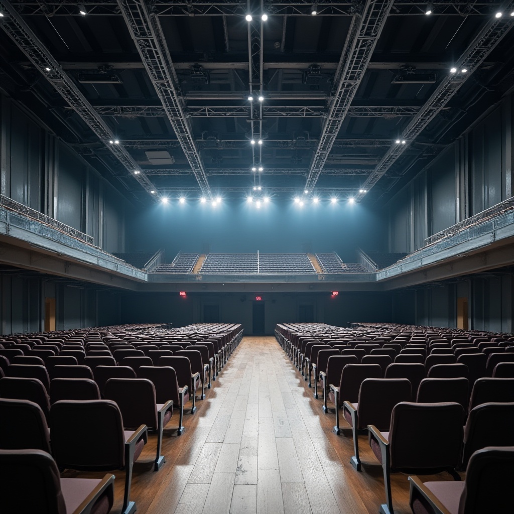 Prompt: Modern auditorium interior, steel structure, minimalist design, rows of seats, wooden floor, steel beams, industrial lighting, metal mesh ceiling, sleek lines, silver color tone, urban atmosphere, dramatic spotlights, grandeur scale, symmetrical composition, low-angle shot, cinematic mood, high contrast lighting.