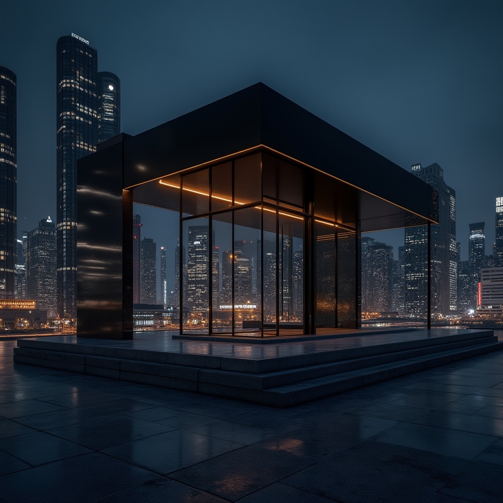 Prompt: Modern pavilion, black metal structure, geometric shape, minimalism, sleek lines, dark reflection, glossy finish, luxurious atmosphere, night scene, cityscape, urban landscape, skyscrapers, neon lights, subtle lighting, dramatic shadows, abstract composition, low-angle shot, cinematic mood, bold contrast.