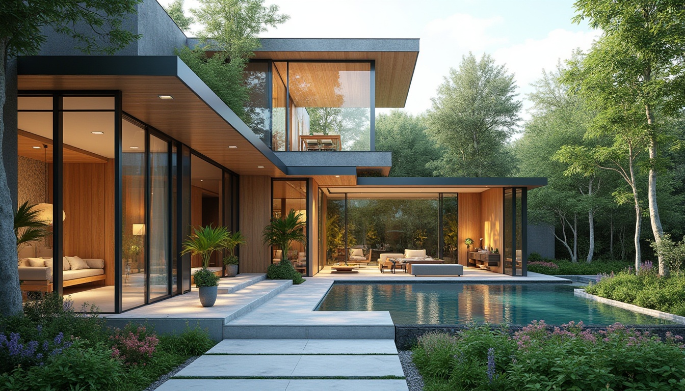 Prompt: Modern villa, residential research area, benefits of glass material, transparent walls, minimalist interior design, sleek lines, floor-to-ceiling windows, abundant natural light, airy atmosphere, greenery surroundings, lush trees, vibrant flowers, wooden accents, metallic frames, subtle reflections, warm ambient lighting, panoramic view, 3/4 composition, shallow depth of field.